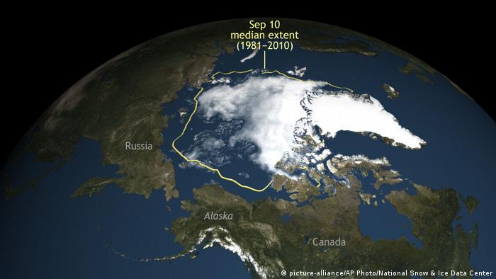 A satellite image showing Arctic Sea ice median from 1981-2010
