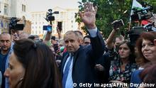 09.07.2020 *** Bulgarian President Rumen Radev (C) waves to supporters at a demonstration in front of the Presidency building in Sofia, Bulgaria, on July 9, 2020. - A prosecution raid on Bulgarian President Rumen Radev's offices drew public ire on July 9 with a couple thousand people gathering to denounce the chief prosecutor for attacking Radev instead of real oligarchs. (Photo by NIKOLAY DOYCHINOV / AFP) (Photo by NIKOLAY DOYCHINOV/AFP via Getty Images)