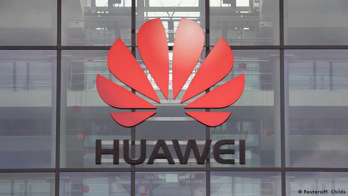 Huawei logo is pictured on a building in Reading, England