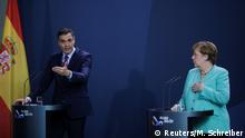 German Chancellor Angela Merkel, and Spanish Prime Minister Pedro Sanchez give joint statement ahead of a meeting at the chancellery in Berlin, Germany, July 14, 2020. Markus Schreiber/Pool via REUTERS