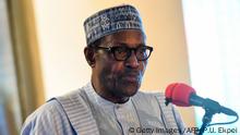 President Mohammadu Buhari speaks during the inauguration of the newly built multi-storey mega bus ternminal, Oshodi Transport Interchange, Nigeria's busiest transport interchange, with over 13 parks and 5,600 buses loading per day in Lagos on April 24, 2019. - The multi-storey Oshodi transport interchange constructed at a whopping sum of 70 million US Dollars , according to Lagos State government, has standard facilities including waiting area, loading bays, taxi and car parks, passenger lounge for intercity commuters, ticketing stands, drivers lounge, parking areas, rest rooms, accessible walkways and pedestrian sky-walks linking all the three terminals. (Photo by PIUS UTOMI EKPEI / AFP) (Photo credit should read PIUS UTOMI EKPEI/AFP via Getty Images)