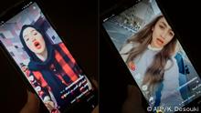 (COMBO) This combination of pictures taken on July 28, 2020 shows a woman watching videos of video of (L to R) Egyptian influencers Haneen Hossam and Mowada al-Adham, who were sentenced to two years in prison on charges of violation public morals, on the video-sharing app TikTok in Egypt's capital Cairo. - Egypt has in recent years enforced strict internet controls through laws allowing authorities to block websites seen as a threat to national security and to monitor personal social media accounts with over 5,000 followers. The verdict against Haneen Hossam, Mowada al-Adham and three others came after they had posted footage on video-sharing app TikTok. (Photos by Khaled DESOUKI / AFP)