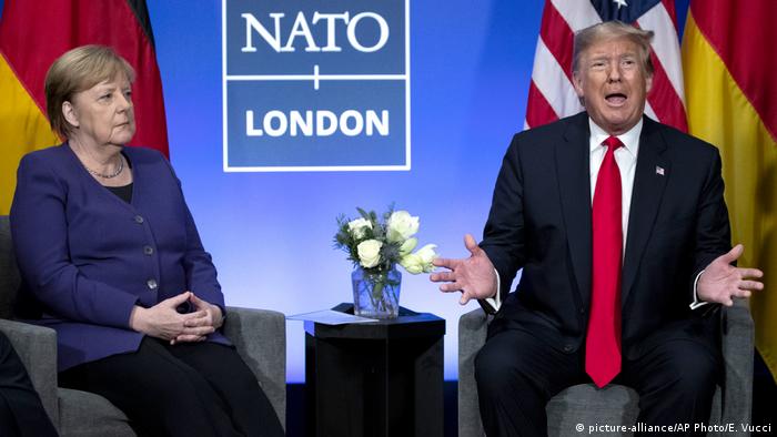 Angela Merkel and Donald Trump at a NATO summit in 2019