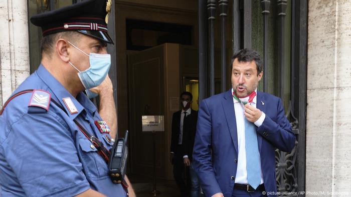 Matteo Salvini leaves the Senate prior to a vote on lifting his immunity for a trial on Aug 2019 Open Arms case