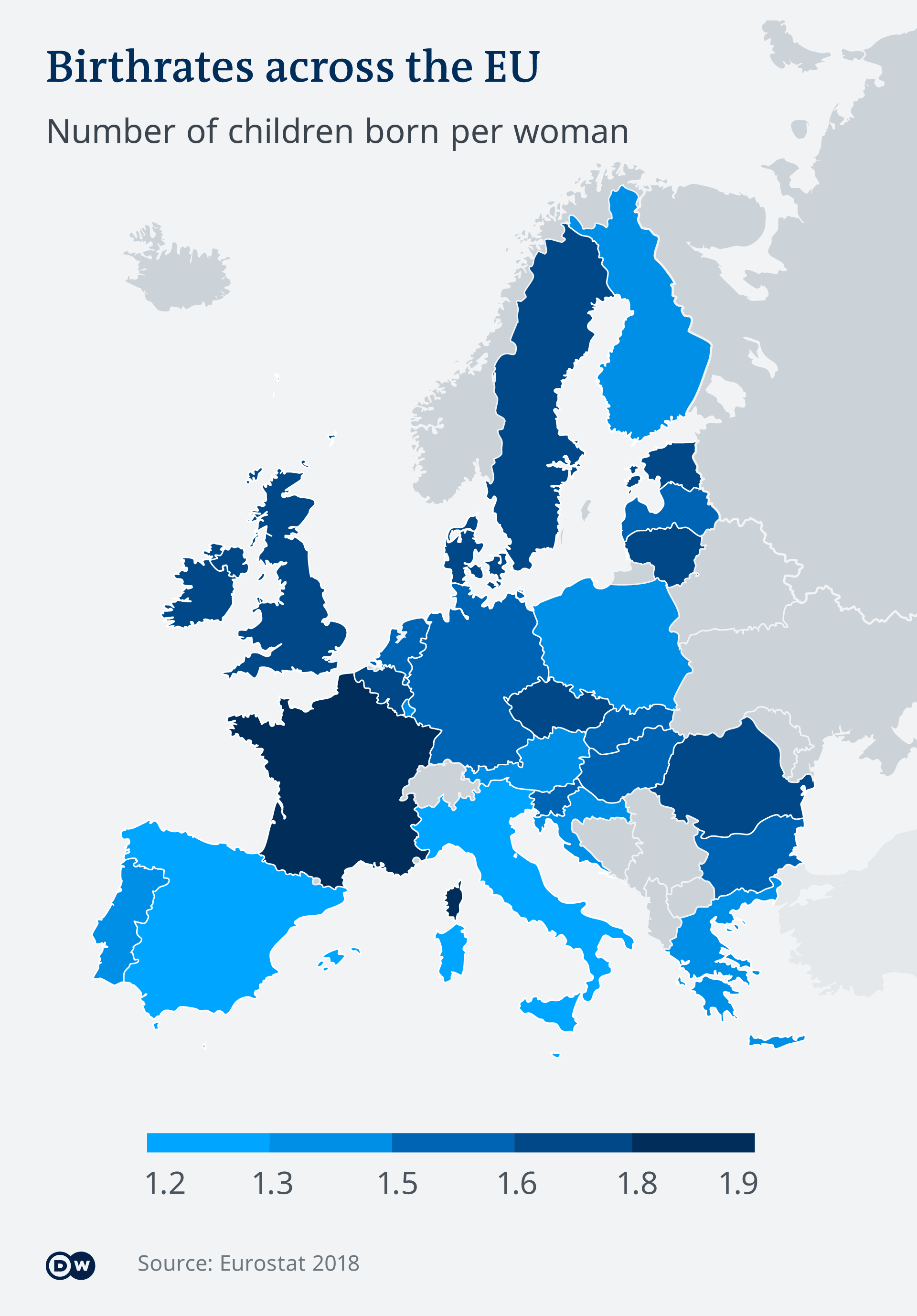 Map of Europe showing birth rate per country