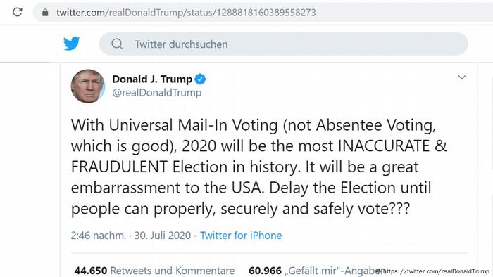 Screenshot Twitter | Donald Trump Tweet zur Verschiebung der Wahl