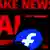 The Facebook logo displayed on a smartphone screen in front of a background that says "fake news"