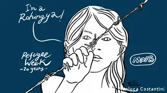 Illustration von Gianluca Costantini zur Refugee Week: Rohingya-Mädchen hinter Stacheldraht