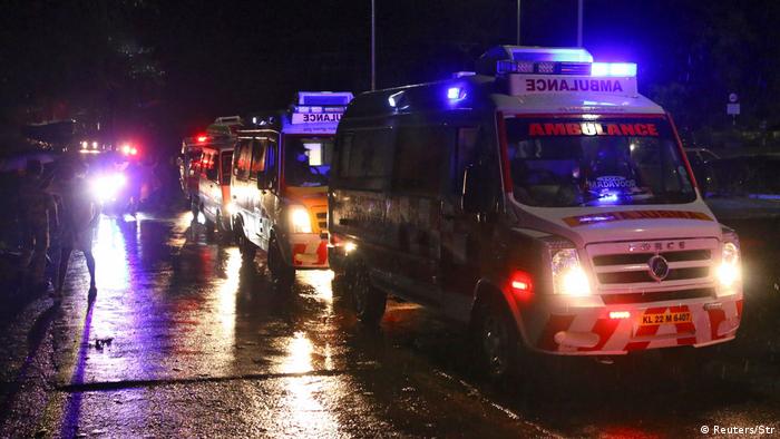 Rows of ambulances on the scene of the Calicut International Airport, where a passenger plane crashed after skidding off the runway. 