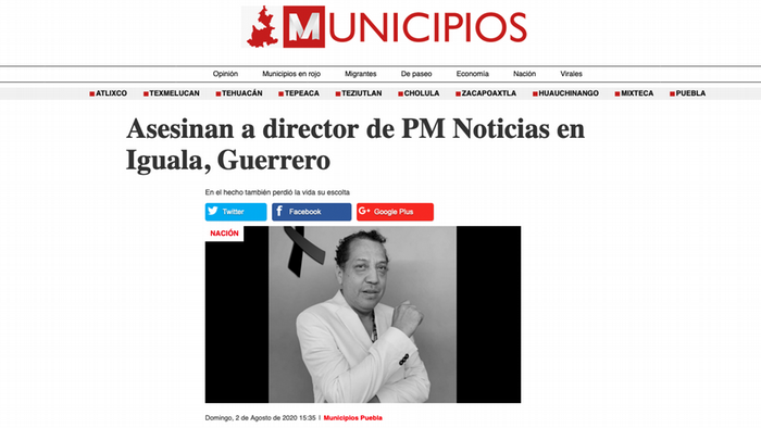 Captura de pantalla del medio mexicano Municipios, con la foto del periodista asesinado Pablo Morrugares.
