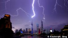 A lightning strike over the city of Shanghai