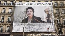 Support to lawyer Nasrin Sotoudeh showed by Conseil national des barreaux (CNB) on March 28, 2019 in Paris, France. Iranian lawyer Nasrin Sotoudeh, sentenced to 33 years in prison and 148 lashes. In December 2018, Sotoudeh was punished for her activities in favour of women's rights and efforts to amend the law against the code dctating that women's hair and body must be covered in public. Photo by Patrice Pierrot/Avenir Pictures/ABACAPRESS.COM |