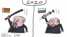  Sergey Elkin. Thema: Symbole 2020 in Belarus und Russland
Stichworte:
Bildbeschreibung: Karikatur - belorussischer Präsident Alexander Lukaschenko hebt einen Schlagstock in der Hand, russischer Präsident Wladimir Purin - eine Spritze. Überschrift 2020