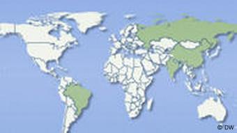 Karte Brasilien, Russland, Indien, China (DW-Grafik: Peter Steinmetz)
