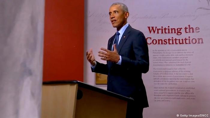 In this screenshot from the DNCC’s livestream of the 2020 Democratic National Convention, former U.S. President Barack Obama addresses the virtual convention