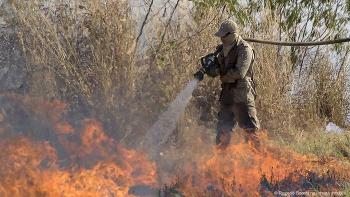 Homem combate fogo florestal