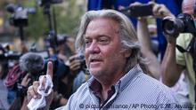 President Donald Trump's former chief strategist Steve Bannon speaks with reporters after pleading not guilty to charges that he ripped off donors to an online fundraising scheme to build a southern border wall, Thursday, Aug. 20, 2020, in New York. (AP Photo/Eduardo Munoz Alvarez) |