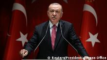 Turkish President Tayyip Erdogan speaks during a meeting of his ruling AK Party in Ankara, Turkey, August 13, 2020. Presidential Press Office/Handout via REUTERS ATTENTION EDITORS - THIS PICTURE WAS PROVIDED BY A THIRD PARTY. NO RESALES. NO ARCHIVE.