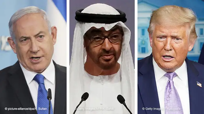 Bildkombo - Benjamin Netanjahu, Mohammed bin Zayed Al Nahyan und Donald Trump