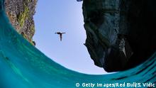 PHI PHI ISLAND, THAILAND - OCTOBER 22: (EDITORIAL USE ONLY) In this handout image provided by Red Bull, Artem Silchenko of Russia dives from the 27 metre platform at Maya Bay in the Andaman Sea during the final stop of the 2013 Red Bull Cliff Diving World Series on October 22, 2013 at Phi Phi Island, Thailand. (Photo by Samo Vidic/Red Bull via Getty Images)