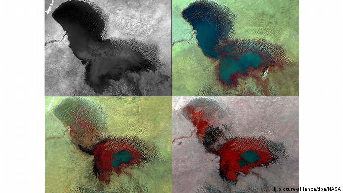 El lago Chad -aquí imágenes de 1963, 1973, 1987 y 1997.
