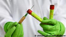 Themenbild,Symbolfoto:Corona Impfstoff.
Einwegspritze mit Impfstoff zur Injektion mit einer Kanuele und Coronatests,Roehrchen.
Haende in Schutzhandschuhen,
Mit Hochdruck wird weltweit an der Entwicklung eines Impfstoffes gegen das Coronavirus geforscht | Verwendung weltweit
