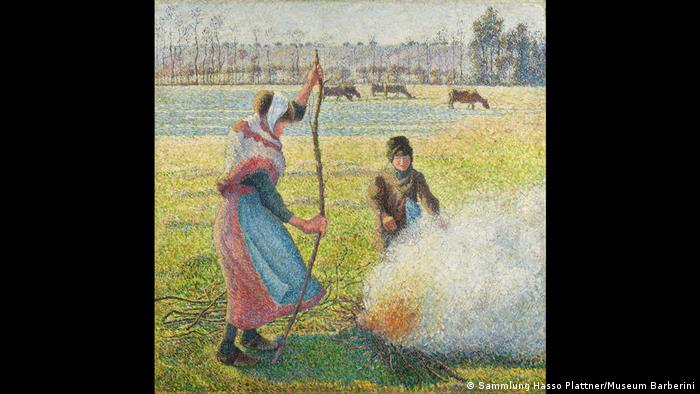 Camille Pissarro malte diese Szene, in der eine Bäuerin ein Feuer auf dem Feld entzündet (Sammlung Hasso Plattner/Museum Barberini)