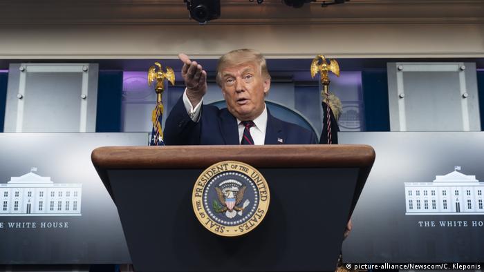 United States President Donald Trump makes a comment in the Brady Press Briefing Roo