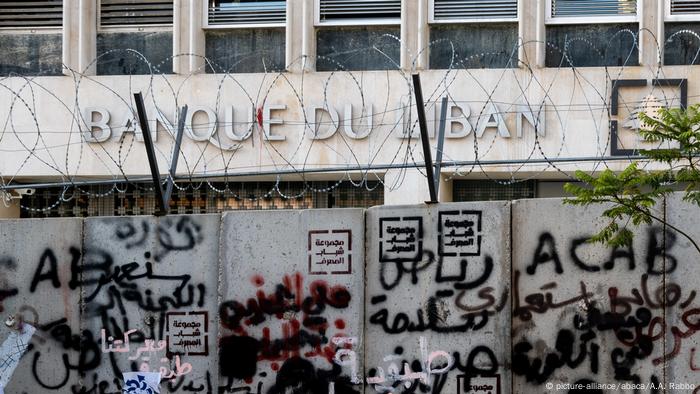 Barbed wire and graffiti around Lebanon's central bank this summer