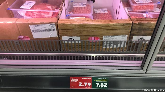 Meat at a grocery store with two price tags