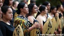 WAITANGI, NEW ZEALAND - FEBRUARY 04: The kapa haka group prepare for the arrival of the delegation including Prime Minister Jacinda Ardern at the upper Treaty grounds Te Whare Runanga on February 04, 2020 in Waitangi, New Zealand. The Waitangi Day national holiday celebrates the signing of the treaty of Waitangi on February 6, 1840 by Maori chiefs and the British Crown, that granted the Maori people the rights of British Citizens and ownership of their lands and other properties. (Photo by Fiona Goodall/Getty Images)