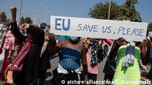 14.09.2020, Griechenland, Lesbos: Migrantinnen und Migranten rufen bei einem Protest Parolen und halten ein Schild mit der Aufschrift EU, save us, please (EU, rette uns bitte) in der Nähe der Stadt Mytilene auf der nordöstlichen Seite der Insel Lesbos. Der griechische Migrationsminister Mitarakis hat alle obdachlosen Migranten auf Lesbos dazu aufgerufen, umgehend das neue, provisorische Zeltlager zu beziehen. Heute gingen zahlreiche Migranten erneut auf die Straßen von Lesbos und forderten, dass sie nach Westeuropa gebracht werden. Foto: Petros Giannakouris/AP/dpa +++ dpa-Bildfunk +++ |