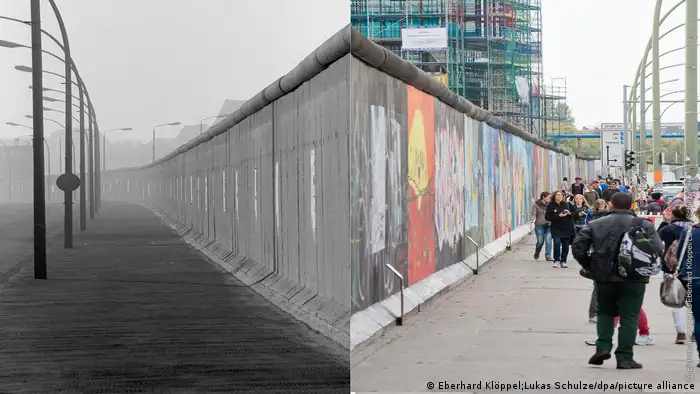 Fotocollage: Links die Berliner Mauer vor 1989, menschenleer, schwarz-weiß. Rechts die East Side Gallery mit vielen Touristen.