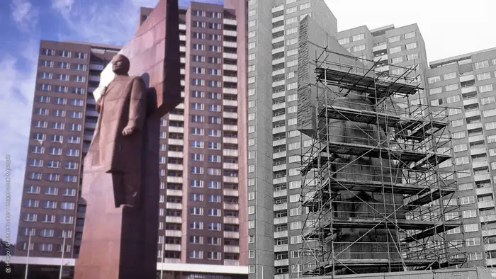 Fotocollage: Links die große Lenin-Statue in Berlin-Friedrichshain vor 1989. Rechts ist die Statue umhüllt von einem Gerüst, bereit zum Abbau. (Fotocollage: Rayna Breuer)
