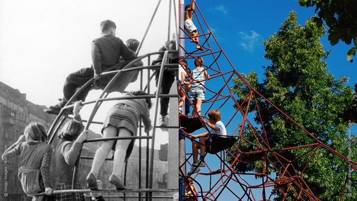 Fotocollage: links, schwarz-weißes Bild von Kindern, die in einer alten Turnhalle im Dschungel spielen;  Rechts ein Farbbild zeigt Kinder, die an einer modernen Kletterseilstruktur spielen.