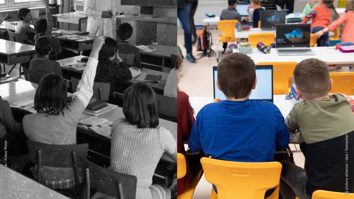 میز و چوکی و تخته سیاه. تنها تفاوت اساسی قبل و بعد از وحدت دو آلمان حضور تکنولوژی در مدارس است. قبلا کتاب و کتابچه و قلم و تخته سیاه در هر دو کشور برای آموزش کافی بود. حالا تخته سیاه و گچ به تخته سفید هوشمند تبدیل شده و حضور کمپیوتر و لپ‌تاپ نیز عادی است.