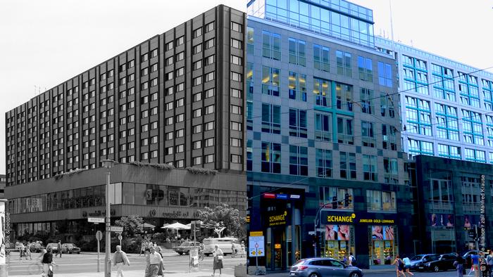 Fotocollage: links ein Foto des Interhotel Metropol in Ost-Berlin.  Rechts das Hotel Maritim, das auf dem Gelände des ehemaligen DDR-Luxushotels errichtet wurde.