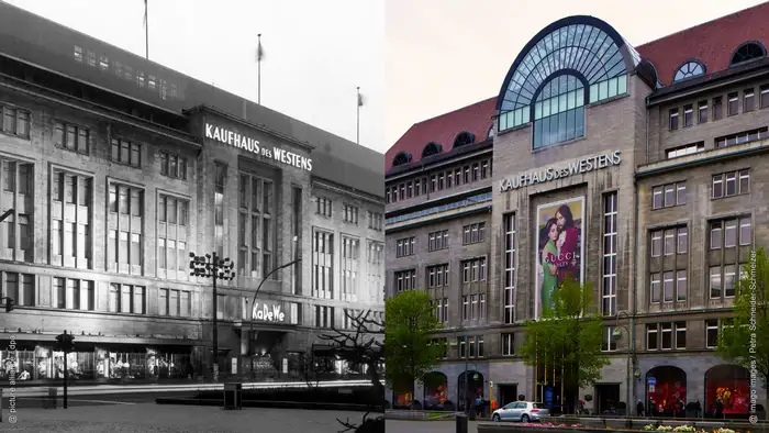 Fotocollage: Links eine Außenaufnahme des KaDeWe vor 1989, rechts das Gebäude des Luxus-Kaufhauses nach der Wende. (Fotocollage: Rayna Breuer)