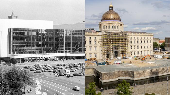 Fotocollage: links eine Luftaufnahme des Palácio da República;  rechts das im Bau befindliche Berliner Stadtschloss. 