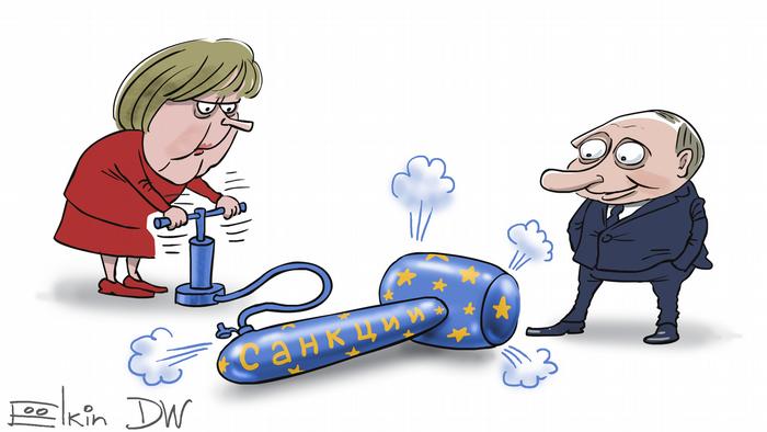 Caricature by Sergey Elkin showing Angela Merkel inflate a toy hammer adorned with the Russian word for sanctions and the stars of the EU flag as Vladimir Putin looks on 