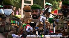 Colonel Assimi Goita (C), President of CNSP (National Committee for the Salvation of People) addresses to the press during the ceremony of the 60th anniversary of Mali's independence in Bamako, on September 22, 2020, one day after announcing that the transitional presidency would be assigned to a retired colonel, Bah Ndaw, 70 years, ephemeral Minister of Defence in 2014. (Photo by MICHELE CATTANI / AFP) (Photo by MICHELE CATTANI/AFP via Getty Images)