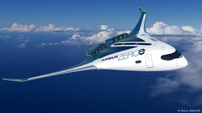 Изображение нового типа самолета с особыми аэродинамическими характеристиками. Крылья и корпус самолета сливаются друг с другом. Концептуальный самолет AirbusZEROe с концепцией кузова Blended Wing.