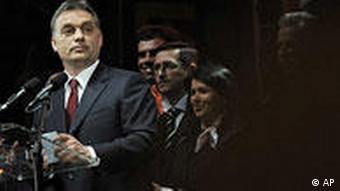 Hungarian Prime Minister Viktor Orban with supporters, announcing his party's victory