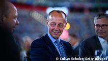 24/08/2020 *** DUSSELDORF, GERMANY - AUGUST 24: Politician Friedrich Merz sits on his table during the Staendehaus Treff dinner at the Merkur Spiel-Arena on August 24, 2020 in Dusseldorf, Germany. Merz, a member of the German Christian Democrats (CDU), is vying for the leadership of the party and with it a possible chancellor candidacy. Among others in the ring are Bavarian Governor Markus Soeder and North Rhine-Westphalia Governor Armin Laschet, as well as CDU parliamentarian Norbert Roettgen. (Photo by Lukas Schulze/Getty Images)