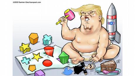 A plump baby in diapers with Trump's haircut, surrounded by toys, a piece of cake, the Twitter logo, and a toy rocket (cartoon by Damien Glez)