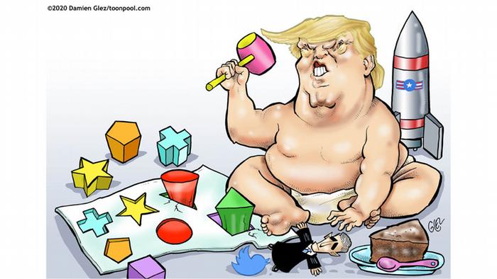 A plump baby in diapers with Trump's haircut, surrounded by toys, a piece of cake, the Twitter logo and a toy rocket (caricature by Damien Glez)