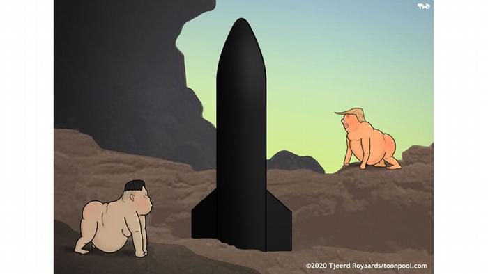 Trump und Kim Jong Un krabbeln um eine Rakete auf allen Vieren (Karikatur von Tjeerd Royaards)
