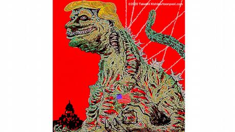 Donald Trump as Godzilla on a red background (Takeshi Kishino cartoon)