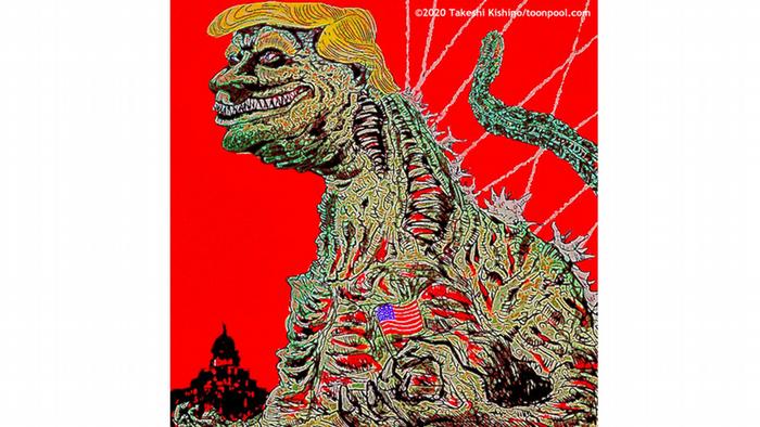 Donald Trump sebagai Godzilla dengan latar belakang merah (karikatur oleh Takeshi Kishino)