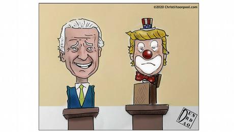 a bust of Joe Biden next to one of a clown (Christi cartoon)